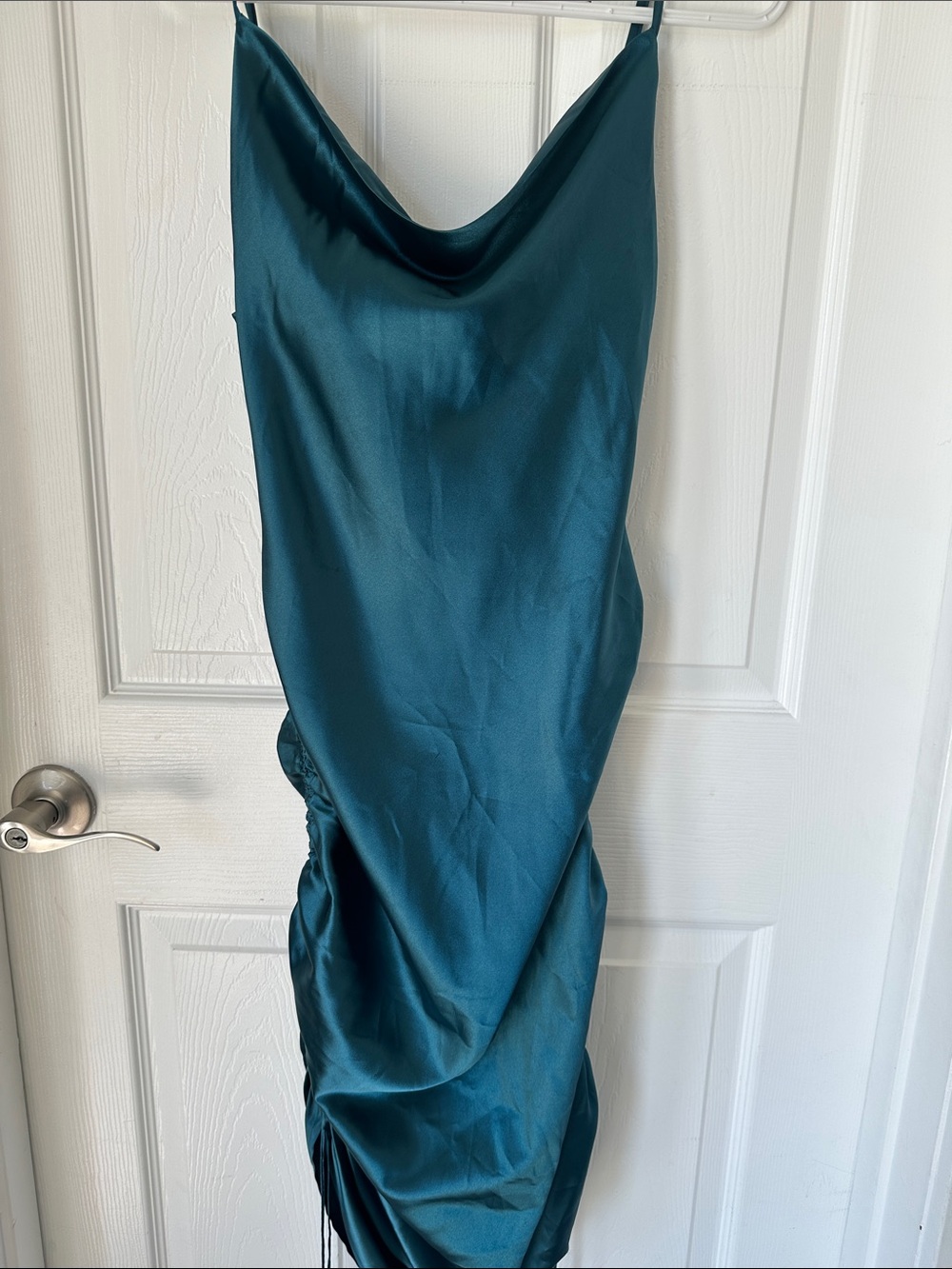 NWT CS Clothing LA Teal Satin Cowl Neck Ruched Mini Dress - Size Small